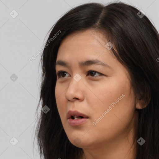 Neutral asian young-adult female with long  brown hair and brown eyes