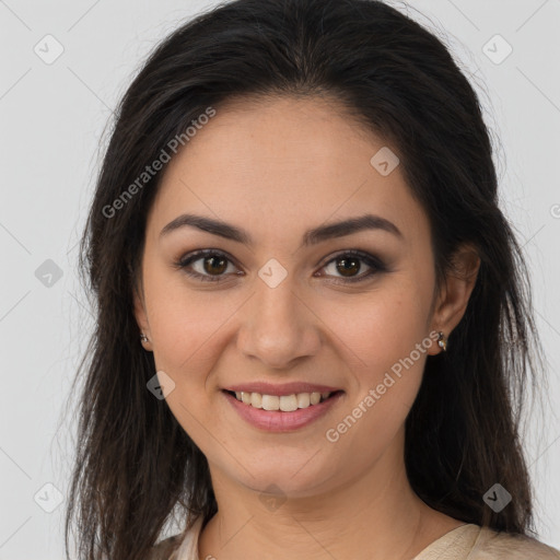 Joyful white young-adult female with long  brown hair and brown eyes