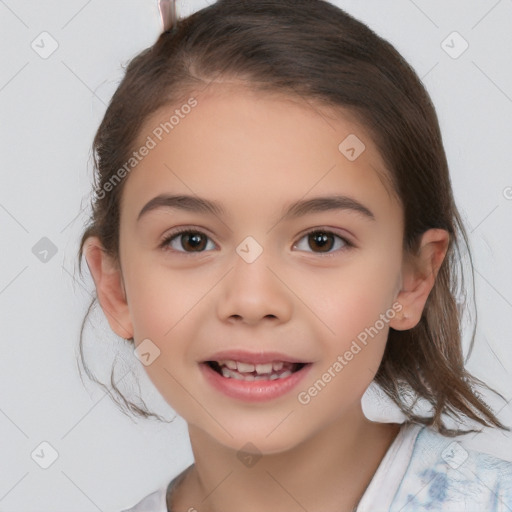 Joyful white child female with medium  brown hair and brown eyes