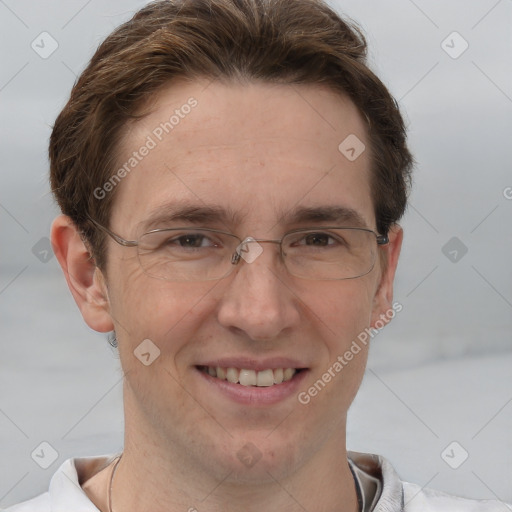 Joyful white adult male with short  brown hair and grey eyes