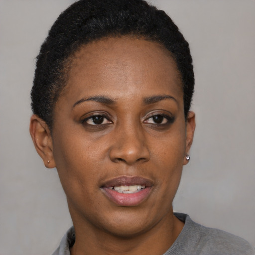 Joyful black young-adult female with short  black hair and brown eyes