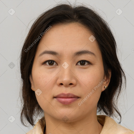 Neutral asian young-adult female with medium  brown hair and brown eyes