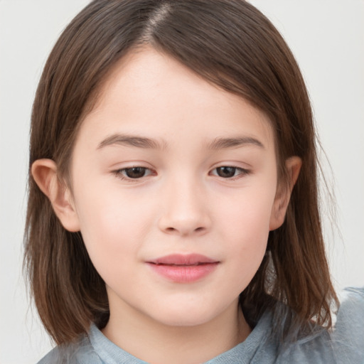 Joyful white child female with medium  brown hair and brown eyes