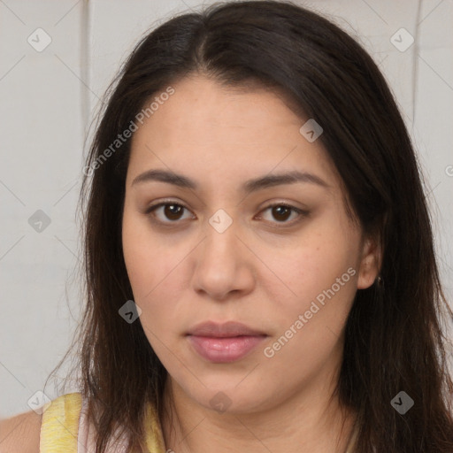 Neutral white young-adult female with long  brown hair and brown eyes