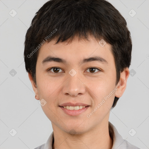 Joyful white young-adult male with short  black hair and brown eyes