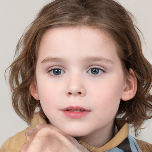 Neutral white child female with medium  brown hair and blue eyes