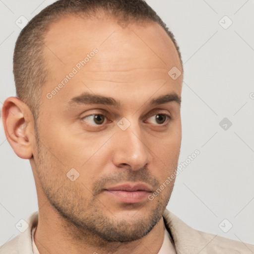 Neutral white young-adult male with short  brown hair and brown eyes