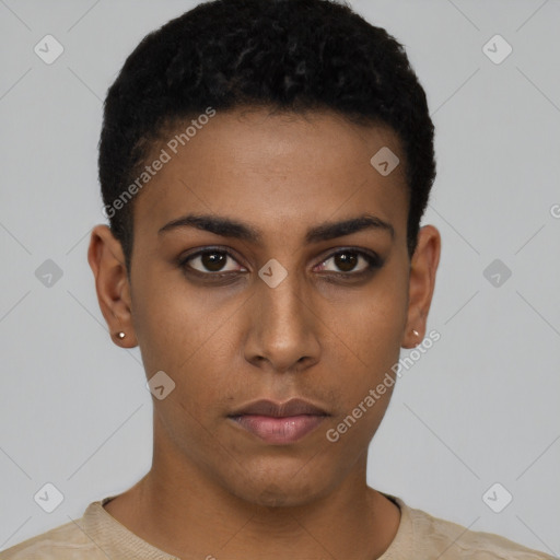 Neutral black young-adult female with short  black hair and brown eyes