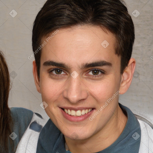 Joyful white young-adult male with medium  brown hair and brown eyes