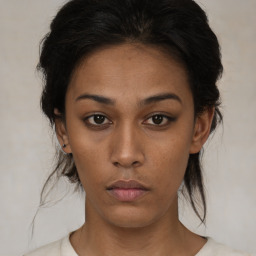 Neutral black young-adult female with medium  brown hair and brown eyes