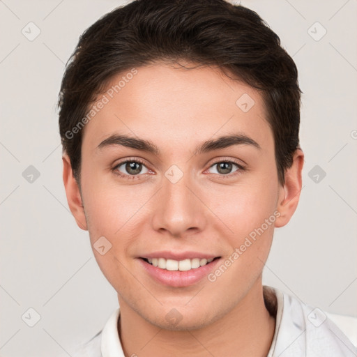 Joyful white young-adult female with short  brown hair and brown eyes