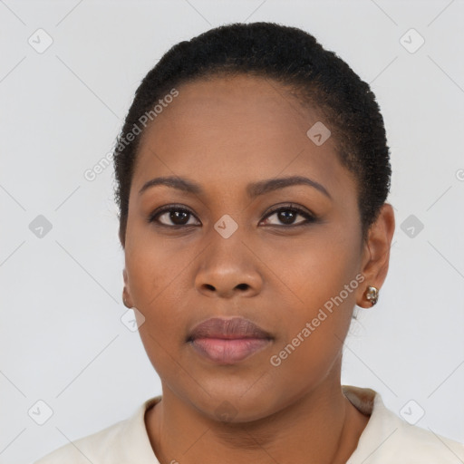 Neutral black young-adult female with short  black hair and brown eyes