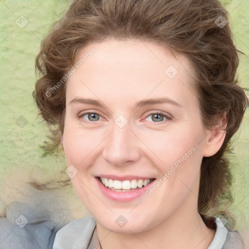 Joyful white young-adult female with medium  brown hair and green eyes