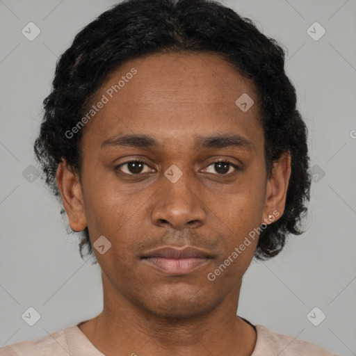 Neutral black young-adult male with short  black hair and brown eyes
