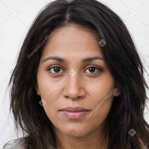 Joyful asian young-adult female with long  brown hair and brown eyes