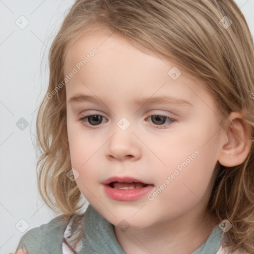 Neutral white child female with medium  brown hair and grey eyes