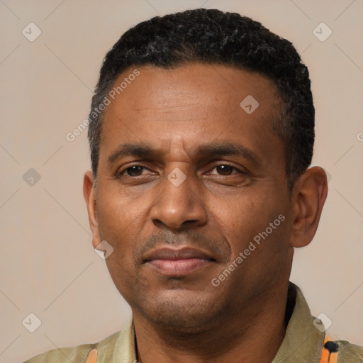 Neutral black adult male with short  black hair and brown eyes