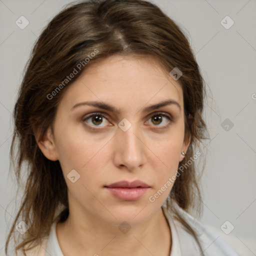 Neutral white young-adult female with medium  brown hair and brown eyes