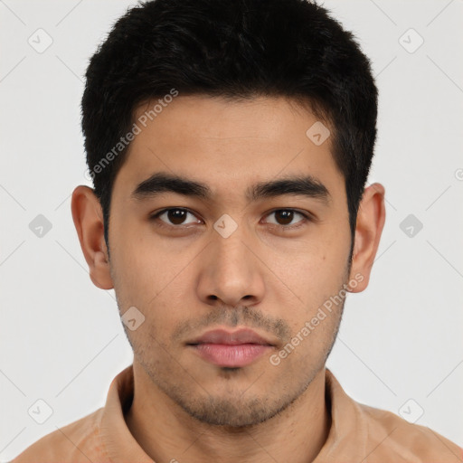 Neutral asian young-adult male with short  brown hair and brown eyes