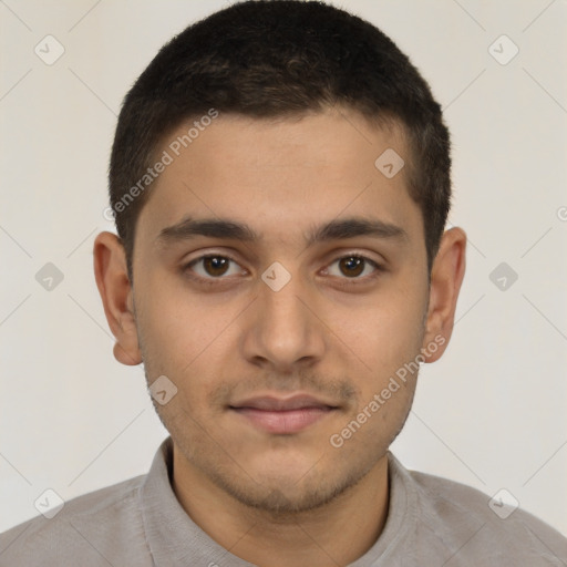Neutral latino young-adult male with short  brown hair and brown eyes