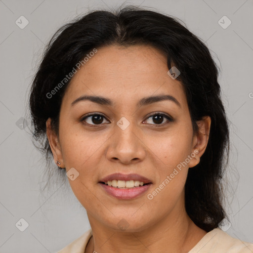 Joyful white young-adult female with medium  brown hair and brown eyes