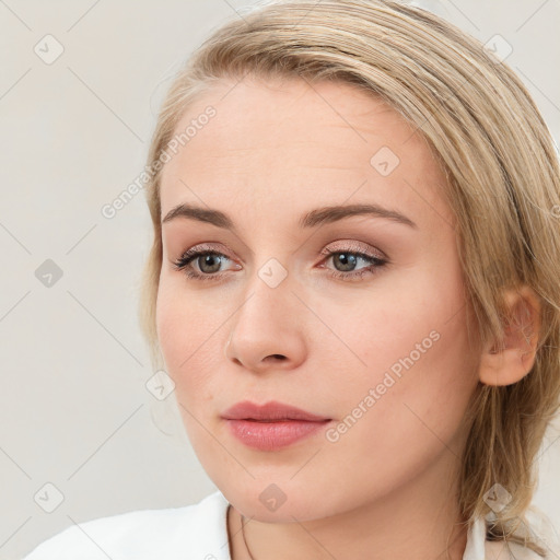 Neutral white young-adult female with medium  brown hair and blue eyes