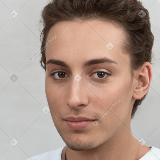 Neutral white young-adult male with short  brown hair and brown eyes