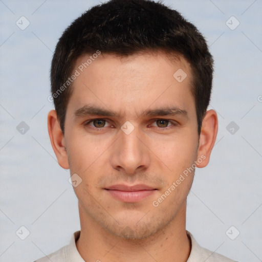 Neutral white young-adult male with short  brown hair and brown eyes