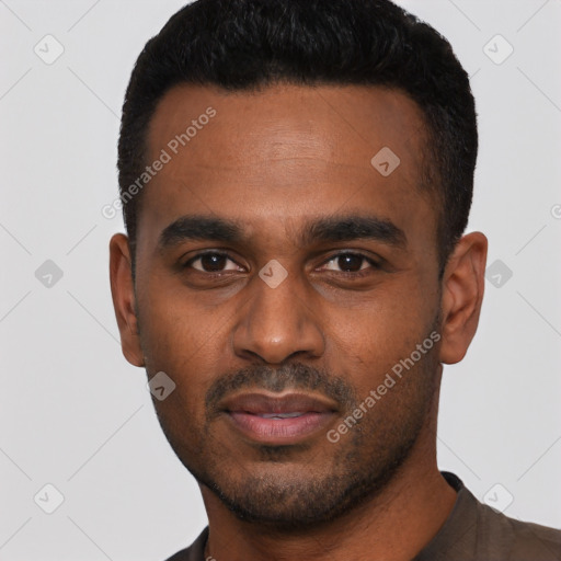 Neutral black young-adult male with short  black hair and brown eyes