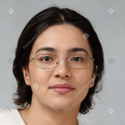 Neutral white young-adult female with medium  brown hair and brown eyes