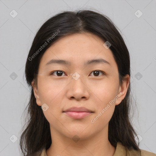 Neutral asian young-adult female with medium  brown hair and brown eyes