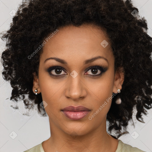 Joyful black young-adult female with medium  brown hair and brown eyes