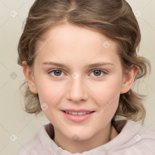 Joyful white child female with medium  brown hair and brown eyes