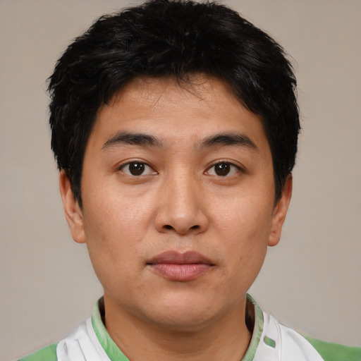 Neutral asian young-adult male with short  black hair and brown eyes