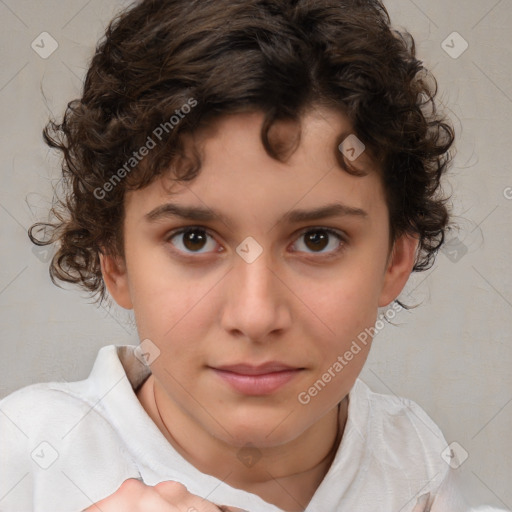 Joyful white child female with medium  brown hair and brown eyes