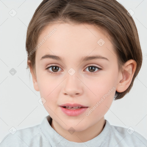 Joyful white child female with short  brown hair and brown eyes