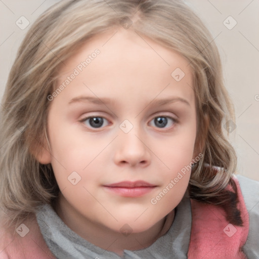 Neutral white child female with medium  brown hair and blue eyes