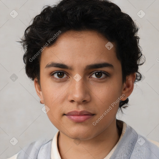 Neutral latino young-adult female with short  brown hair and brown eyes