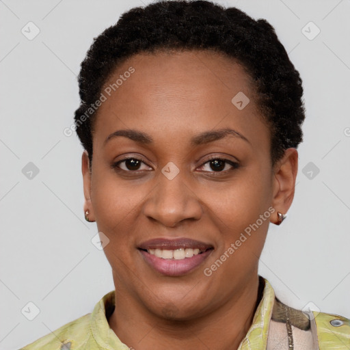 Joyful latino young-adult female with short  black hair and brown eyes