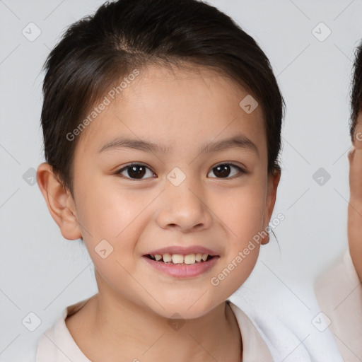 Joyful white child female with short  brown hair and brown eyes