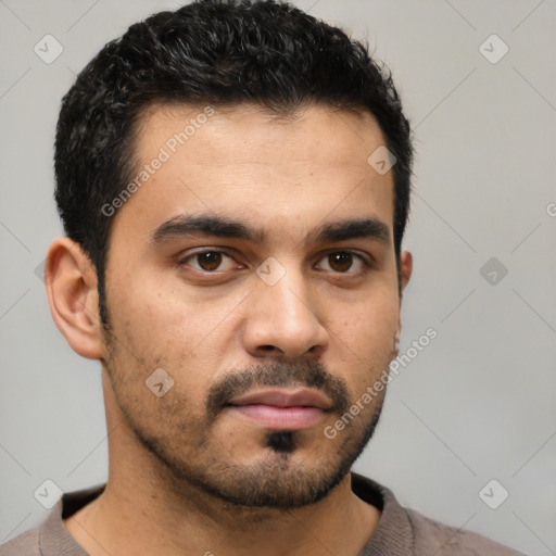 Neutral latino young-adult male with short  black hair and brown eyes