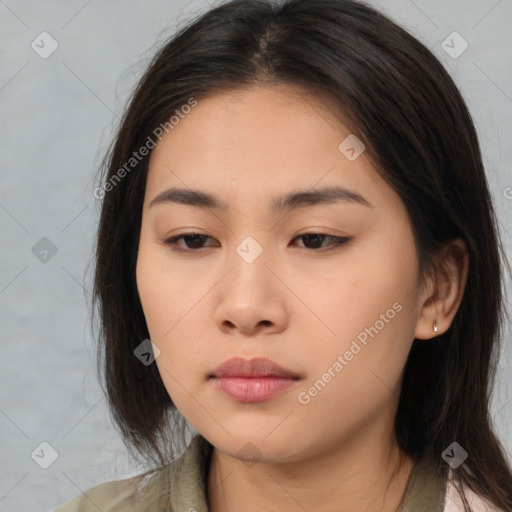 Neutral asian young-adult female with long  brown hair and brown eyes