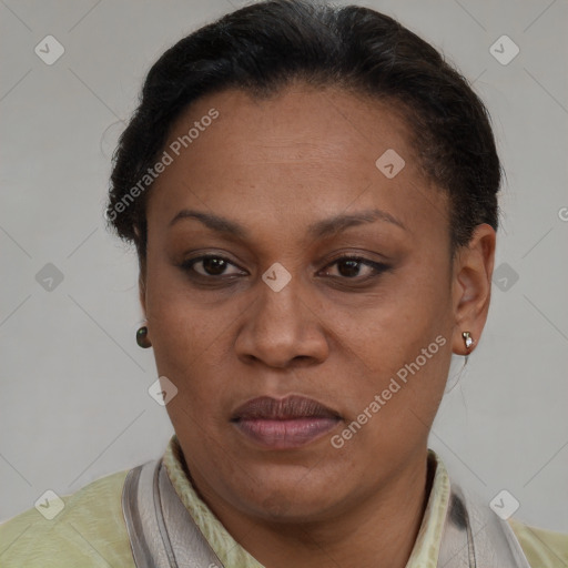 Joyful latino adult female with short  brown hair and brown eyes