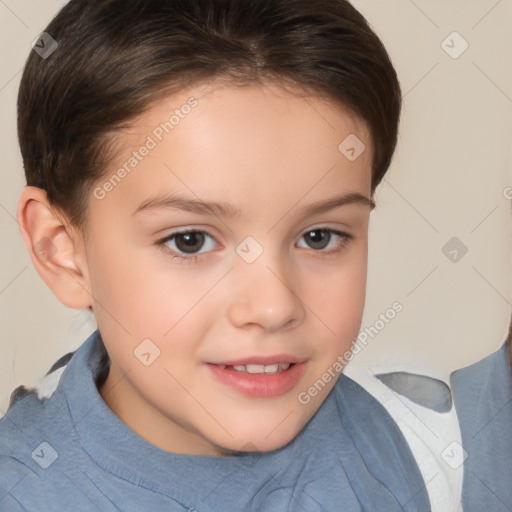 Joyful white child female with short  brown hair and brown eyes