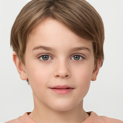 Neutral white child female with short  brown hair and grey eyes