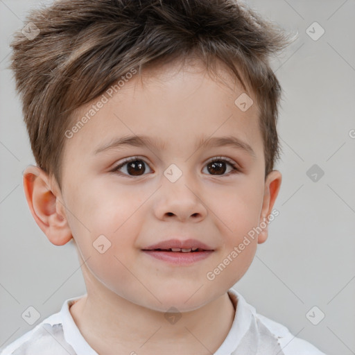Joyful white child male with short  brown hair and brown eyes