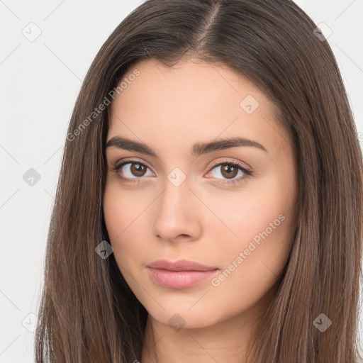 Neutral white young-adult female with long  brown hair and brown eyes