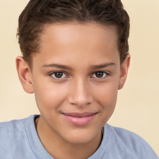 Joyful white child female with short  brown hair and brown eyes