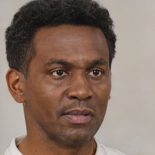 Neutral black adult male with short  brown hair and brown eyes