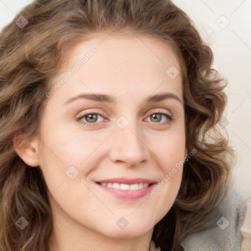 Joyful white young-adult female with medium  brown hair and green eyes